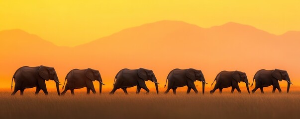 A herd of elephants walking across the African savannah during golden hour