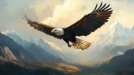 A majestic eagle soaring over a mountain landscape captured mid-flight