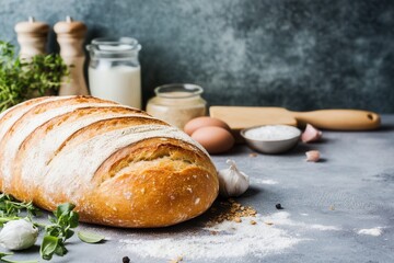 Freshly baked bread cooling on a rustic countertop with ingredients scattered around