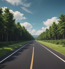 A long, straight road stretches through a lush, green forest, with a yellow dividing line running down the center. The sky above is a clear blue, dotted with fluffy white clouds.