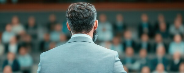 A confident entrepreneur presenting a pitch to investors, with a blurred audience background