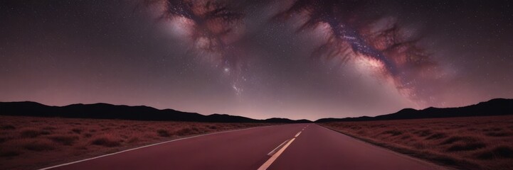 A long, straight road stretches out into the distance, flanked by a vast, arid landscape of dry grass and shrubs. Above, the night sky is filled with the vibrant colors of