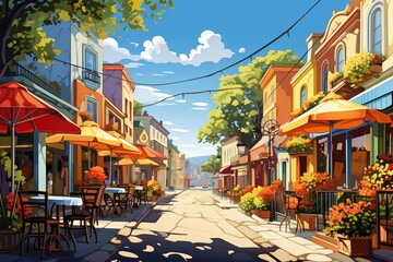 Fototapeta premium A bustling farmers market, stalls brimming with fresh produce under colorful awnings in this vibrant illustration