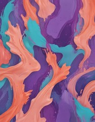 The image is an abstract digital artwork featuring a vibrant mix of orange, blue, and purple colors, with fluid brushstrokes and splatters creating a dynamic and