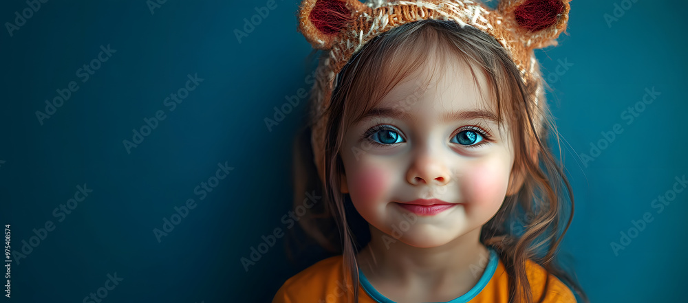 Wall mural cute halloween costumed child on a blue background