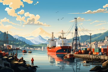 Obraz premium A bustling harbor with boats and sailors, cargo being loaded and unloaded in this busy maritime background illustration