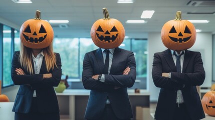 Three business professionals standing with carved pumpkin heads in a light-filled office, blending humor with formal work attire for a unique Halloween celebration.