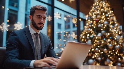 Fototapeta premium A businessman smiling while working on his laptop in a cafe, with a decorated Christmas tree and glowing lights in the background, adding a festive atmosphere.