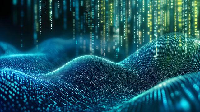 Abstract image featuring blue and green tones. It is a digital binary code wave background.