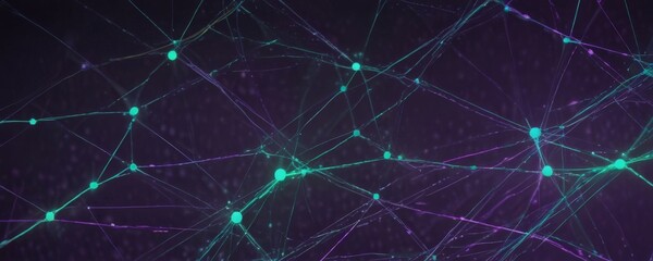 Naklejka premium The image presents a complex network of interconnected lines and dots, with a dark purple background and a gradient of green and blue colors. The lines and dots are arranged in