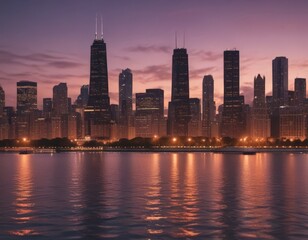 Obraz premium The Chicago skyline at dusk, featuring the illuminated skyscrapers of the downtown area reflected in the calm waters of the Chicago River.