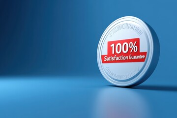 A 3D-rendered "100% Satisfaction Guarantee" stamp, with the edges glowing and the text bold and prominent, floating above a clean, corporate background