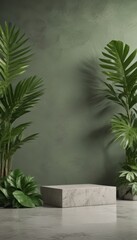 A marble pedestal stands against a green wall, flanked by two tall palm trees with large, vibrant green leaves.