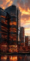 Obraz premium a modern glass and steel building with a curved facade, illuminated by warm orange and yellow lights at sunset. The building is situated on a street corner, with trees and a