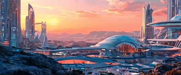 Fototapeta premium a futuristic cityscape at sunset, with towering structures, a dome-shaped building, and a bridge spanning a body of water. The sky is filled with vibrant hues of orange and
