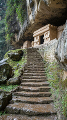 Ancient temple built into cliffside, surrounded by lush greenery and stone steps leading up to it. serene atmosphere evokes sense of mystery and history