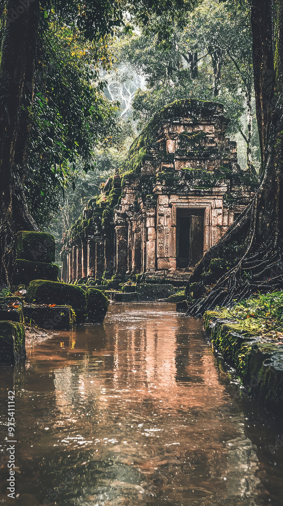 Wall mural Ancient temple ruins by jungle river, surrounded by lush greenery and reflected in water, evoke sense of mystery and tranquility