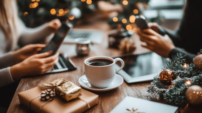 Close-up of a festive office desk with coffee, wrapped gifts, and digital devices, creating a cozy work environment during the holiday season.