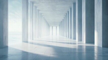 Obraz premium A long, white hallway with columns on either side. The hallway is empty and the light is coming from the end.