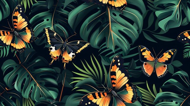 A continuous design featuring graceful tropical butterflies and foliage set against a blank backdrop, ideal for decorative accents. - Powered by Adobe