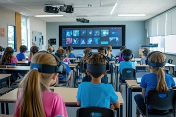 A modern classroom equipped with interactive smartboards, tablets for every student, and virtual reality headsets, with students engaged in an immersive learning experience