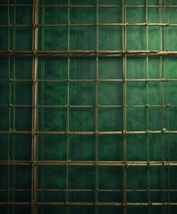 a close-up view of a green grid-like structure with wooden beams and ropes, creating a textured and intricate pattern.