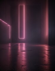 a dimly lit room with a glossy, reflective floor and a series of vertical pink neon lights casting a warm glow. The room features a wooden wall on the left and a black wall on