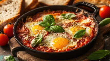 Fototapeta premium Italian-style breakfast with eggs baked in marinara sauce, topped with parmesan and basil, served with crusty bread, rustic and comforting kitchen vibe