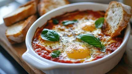 Italian-style breakfast with eggs baked in marinara sauce, topped with parmesan and basil, served with crusty bread, rustic and comforting kitchen vibe