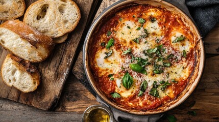 Italian-style breakfast with eggs baked in marinara sauce, topped with parmesan and basil, served with crusty bread, rustic and comforting kitchen vibe