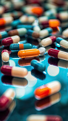 Colorful capsules and tablets spread across mirrored surface create vibrant and dynamic scene. reflections enhance visual appeal, showcasing variety of shapes and colors