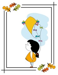 Cute little girl playing with kite. Autumn frame card