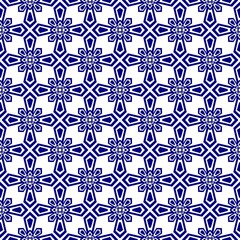 Ornate geometric seamless pattern. Navy blue color on white background