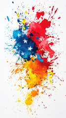 Fototapeta premium Colorful abstract paint splatter with hints of America, featuring vibrant reds, blues, and yellows. This artwork evokes sense of energy and creativity, perfect for modern decor