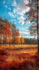 A vibrant Swedish autumn landscape showcases stunning array of red, orange, and golden foliage under bright blue sky. scene evokes sense of tranquility and natural beauty