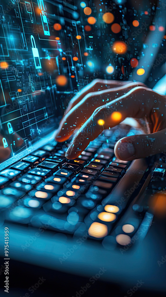 Poster a cybersecurity expert is focused on typing on keyboard, surrounded by digital elements and glowing 