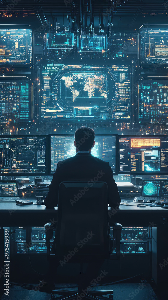 Poster a cybersecurity expert is focused on monitoring multiple screens in high tech control room, surround