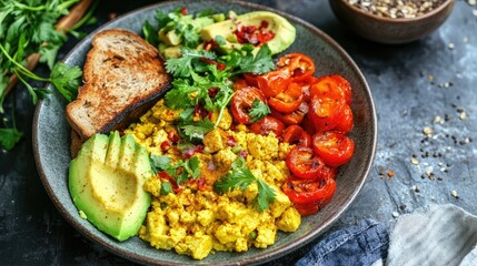 Vegan tofu scramble with turmeric, served with roasted vegetables, a side of avocado, and whole-grain toast, vibrant and colorful healthy breakfast plate
