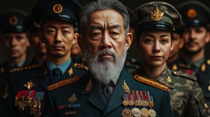 Fototapeta premium Elderly military commander with a gray beard standing in front of a group of diverse soldiers, all dressed in formal uniforms and adorned with military medals, representing leadership and respect