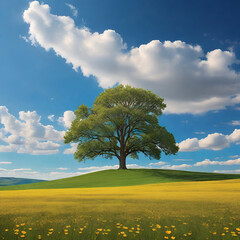 Obraz premium A solitary tree stands in a vibrant field adorned with blooming yellow flowers a clear blue sky