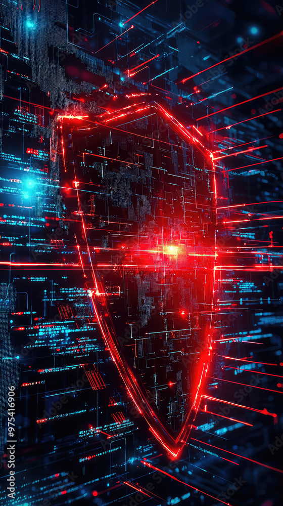 Poster digital cybersecurity shield blocking an attempted hack, showcasing vibrant red shield amidst backdr