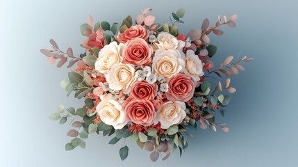 wedding bouquet with sweet color flowers, flat design, top view, 3D render, elegant and arrangement