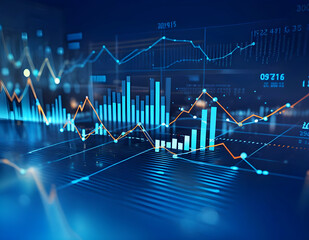 Naklejka premium Insight into stock market expansion, business investments, and data analytics, illustrated with digital charts, graphs, and indicators on a blurred dark blue background