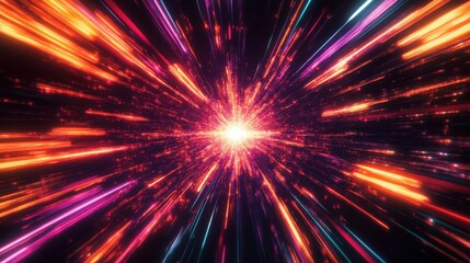 Radiant Neon Energy, vibrant digital bursts emanating from a central source, dynamic streaks of light stretching outward, creating an electric atmosphere of pulsating motion