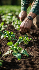 Eco friendly farmer applying fertilizer to vegetable crops, nurturing growth and sustainability in lush garden. hands work diligently in rich soil, showcasing dedication to organic farming practices