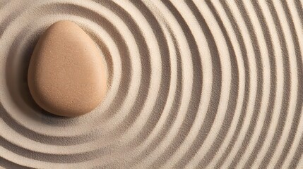 Naklejka premium A single smooth stone rests in the center of a circular pattern raked into white sand.