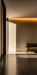 Minimalist empty living room corner in golden tones with a window casting natural lighting and a large shadow in the room. Residential interiors with minimal furniture or decor