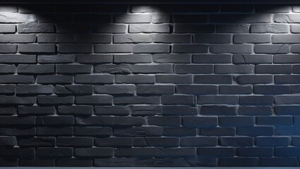 Dark textured brick wall with horizontal arrangement of rectangular bricks in dark gray to black, rough surface, illuminated by overhead lights creating gradient of light and shadow, generative AI