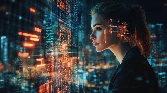 Businesswoman sketching futuristic cityscape with glowing buildings and visionary ideas for urban creativity and future business concepts