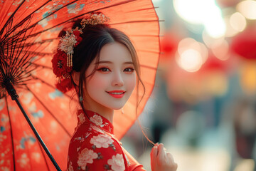 A young Chinese woman holding a red umbrella